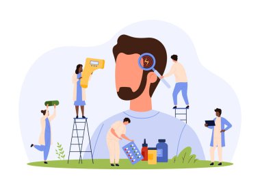 Grip teşhisi ve tedavisi, soğuk semptomlar vektör illüstrasyonu. Çizgi filmlerdeki küçük insanlar, insan sağlığını kızılötesi termometreyle ve büyüteçle yüksek ateş, ateş ve baş ağrısı teşhisi koyarak kontrol ediyorlar.