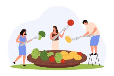 Sağlıklı kahvaltı, vitamin ve diyet. Yemek ve tatmak için çatal tutan küçük insanlar lezzetli yeşil brokoli ve taze vişneli domates, sabah tabağı çiziminden gnocchi