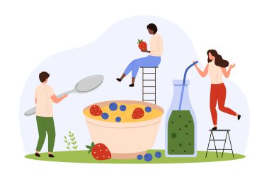 Taze meyveli sağlıklı kahvaltı kasesi. Yulaf ezmesi, çilek ve yaban mersinli yulaf lapası yemek için kaşık tutan küçük insanlar saman çizgi film çizimleri ile şişeden yeşil meyve suyu içiyorlar.