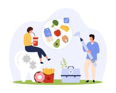 Diyet ve sağlıklı dişler için beslenme. Diş aletleri olan küçük insanlar dişlerini ve dişetlerini doğru beslenerek temizlerler. Sağlıksız fast food ve soda karikatür vektör çiziminin tehlikelerinden bahsederler.