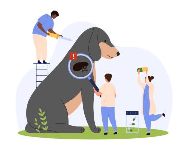 Veteriner kliniğinde pire istilası teşhisi ve tedavisi. Minik insanlar köpek yavrusunun derisini ve kürkünü büyüteçle inceliyor, böcekleri tıbbi damlalarla kontrol ediyor, vektör çizimleri yapıyor.