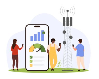 Antenle kuleden şebekeye iletişim. Kablosuz bağlantı ve indirme için hızlı internet kullanan küçük insanlar, telefon karikatür vektör illüstrasyonunda hız ölçer uygulamasında sinyal hızını kontrol edin