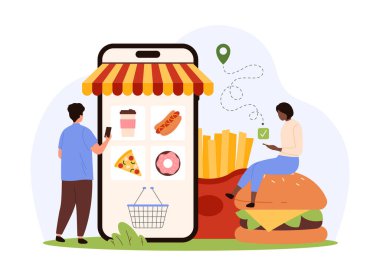 Çevrimiçi yemek teslimatı, hızlı ve sipariş etmesi kolay. Hamburger ve patates kızartması siparişi vermek için mobil uygulama kullanan küçük insanlar akıllı telefon ekranı çizim çiziminden paket yemek seçin.