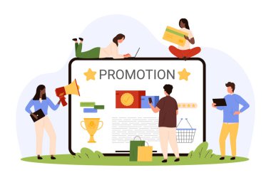 Müşterilerin görüşlerini ve satışlarını etkilemek için pazarlama kampanyası. Megafon, cep telefonu ve dizüstü bilgisayar reklam blogu olan SMM takımının küçük insanları ve referans karikatür vektör illüstrasyonları için ürün