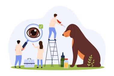Veteriner randevusundaki köpeğin vizyon muayenesi. Büyüteci olan küçük insanlar hayvan sağlığını veteriner kliniğinde kontrol ediyor, doktor damlatan karikatür vektör çizimlerinden göz damlası uyguluyor.