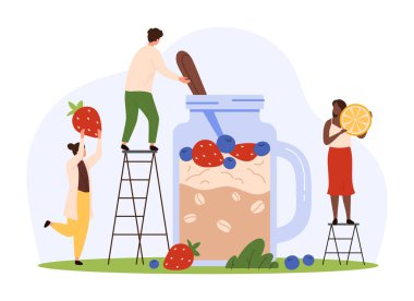 Böğürtlenli tahıl gevreği pişirmek, sağlıklı kahvaltı yemekleri. Sabah yemeği karikatür çizimleri için cam şişede yulaf lapası pişirmek için ellerinde kaşık, çilek ve portakal dilimi olan küçük insanlar.