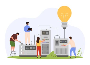 Yaratıcı teknolojik çözümler ve fikirler, ticari yenilik geliştirme. Küçük insanlar soyut fabrika ekipmanları ve ampullerle çalışıyorlar, teknisyenler dijital proje karikatür vektör çizimi geliştiriyorlar.