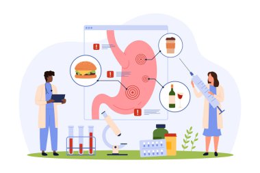 Sağlıksız yiyecekler yüzünden sindirim sisteminin zehirlenmesi. Kötü alkol ve fast food diyeti, hastane muayenesinde bağırsak tedavisi ve vektör illüstrasyonundan zehirlenme konusunda uyarıda bulunan küçük insanlar.