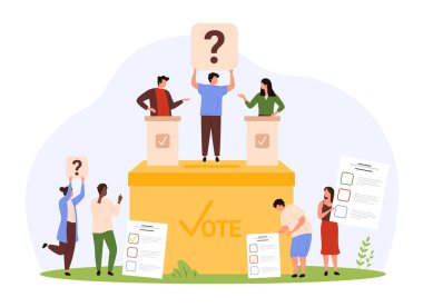 Seçim kampanyası, demokrasi referandumunda aday seçimi. Soru işareti ve seçim listesi olan küçük insanlar, seçim çizgi filmi vektör illüstrasyonunda karakterler lidere oy veriyor