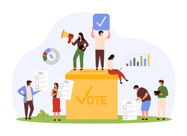 Seçim kampanyası, referandumda seçim hakkı. Küçük seçmenler oy sandığına işaretli kağıt oylar koyarlar, insanlar listeden aday seçerler veya fikir karikatürü çizimleri çizerler.