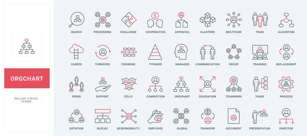 stock vector Structure and hierarchy of corporate company, org chart line icons set. Leadership pyramid, communication between groups and teams thin black and red outline symbols, organogram vector illustration