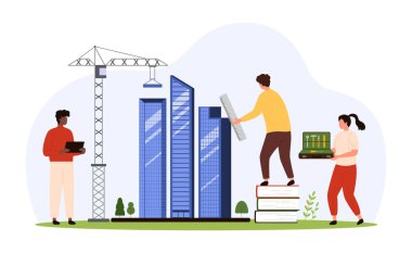 İnşaat projesi yönetimi, şehir mimarisi geliştirme ve yenileme süreci. Mühendisler modern ofis binası modelini, şirket iş kuleleri karikatür vektör çizimi