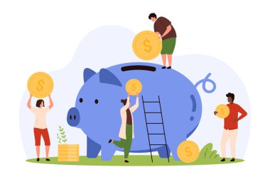 Hayır işi, finansal yatırım ve bütçeye düşen gelir. Küçük insanlar, kumbara oyuncaklarına para biriktirip tasarruf ediyor, güvenli projelere veya çizgi film vektör çizimlerine yatırım yapıyor.