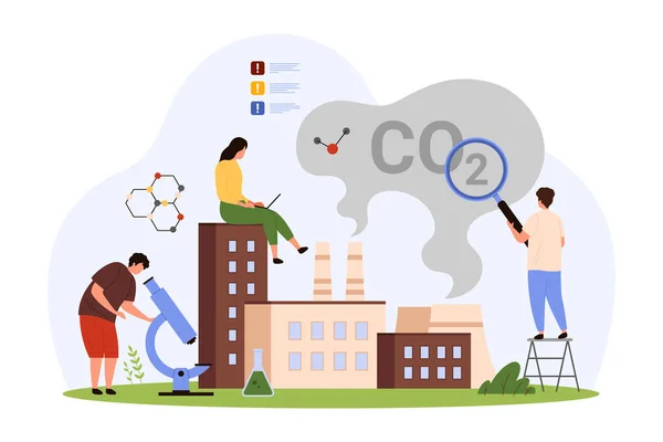 Sera gazlarının etkisinin analizi, CO2 emisyonları ve çevre üzerindeki duman. Mikroskop ve büyüteç kullanan küçük insanlar baca çizimlerinden çıkan duman bulutlarını inceliyorlar.