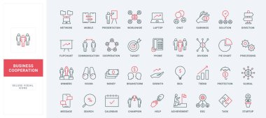 İş birliği, takım çalışması ve ortaklık çizgisi simgeleri ayarlandı. Takım stratejisi ve başlangıç çözümü, eğilimlerin başarı yönü, çalışma süreci ince siyah ve kırmızı ana hatlar, vektör illüstrasyonu