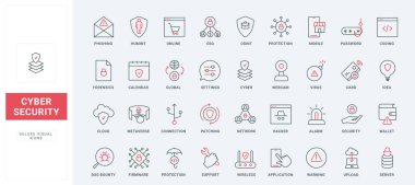 Cyber security, safety connection line icons set. Fraud and virus attack, malware and attention for bugs, digital information protection thin black and red outline symbols, vector illustration clipart