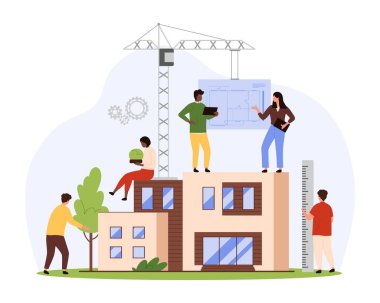 Projeye göre kişisel konut ve ev inşaatı. İnşaatçılar, mühendisler ve mimarlardan oluşan bir ekip aile kulübesi inşa ediyor. Çizgi film çizimi çizimi taşıyan bir vinç.