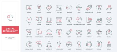 Yapay zeka çizgisi simgeleri ayarlandı. Artırılmış gerçeklik gözlükleri, sunucuya bağlantı ve dijital verilerin siber korunması, akıllı ev ve aygıt ince siyah ve kırmızı dış hat sembolleri, vektör illüstrasyonu