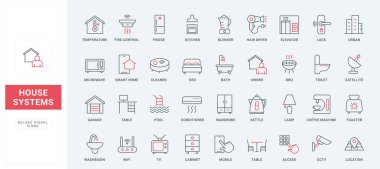 Ev hizmetleri, elektrikli aletler ve ev telefonu simgeleri seti için mobilyalar. Sahibi için yerli ekipman, kablosuz ağ erişimi ve dijital televizyon ince siyah ve kırmızı dış hat sembolleri, vektör illüstrasyonu