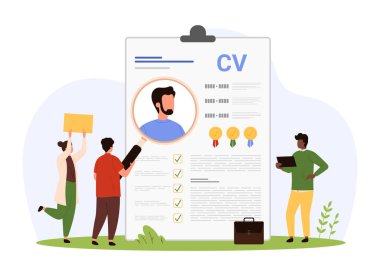 Aday arayışı, nitelikler araştırması ve İnsan Kaynakları çalışanlarının iş tecrübesi, iş. Büyüteç çalışma geçmişi olan küçük insanlar ya da insan karikatür çizimi çizimleri yapan insanlar.