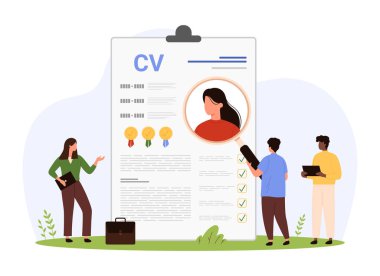 İnsan Kaynakları çalışanlarının vasıfları ve kişisel yetenekleri. Kelle avcıları takımının küçük insanları büyüteçten adayların kişisel profillerine bakıyor. Çizgi film vektör çizimleri için.