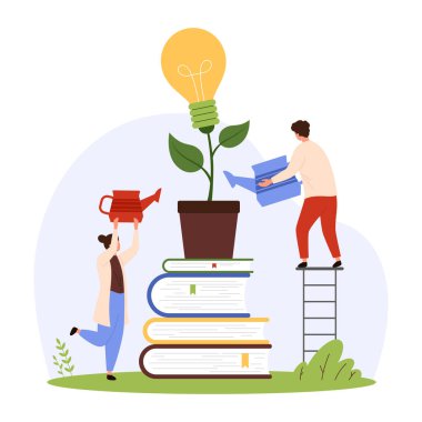 Yaratıcı fikir geliştirme, eğitim, yenilik projesinde ilerleme. Küçük insanlar, parlak ampulle bilgi ağacı yetiştirirler, çizgi roman vektör çizimleri ile geleceğin yaratıcılığını beslerler.