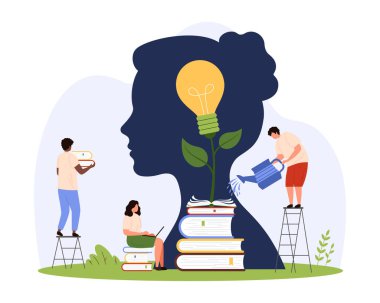 Bilgi yardımı ile yaratıcı zihniyet gelişimi. Küçük insanlar, kadın kafasının siluetinin içindeki kitaplardan ampul yetiştiriyor, becerilerini arttırıyor ve hayal gücü çizgi film çizimleri çiziyor.