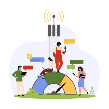 5G teknolojisi, telekomünikasyon endüstrisi, telekom ağı. Küçük insanlar LTE iletici altyapısına bağlanıyor, anten hücresel ağı ve yüksek hızda ücretsiz sinyal çizimi çizimi