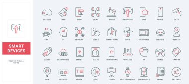 Akıllı aygıtlar ve ekipman hattı simgeleri ayarlandı. Akıllı ev ve araba için internet teknolojisi, ses ve video için aygıtlar, sanal gözlük ve eldivenler ince siyah ve kırmızı dış hat sembolleri, vektör illüstrasyonu