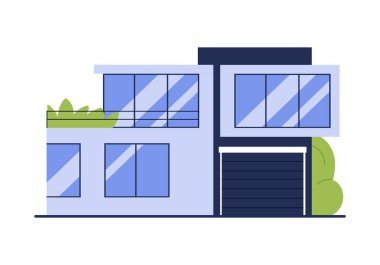 Düz çatılı ve pencereli modern kulübe, ev sahibi bahçe vektör resimli teras