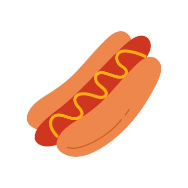 Sosisli sandviç, çörekten yapılmış fast food sandviçi, sosis ve hardal vektör çizimi.