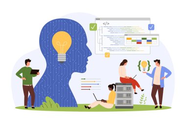 Yazılım kodunun yapay zeka tarafından geliştirilmesi. Küçük insanlardan ve yapay zeka makinesinden oluşan takım çalışması, karakterler mobil uygulama geliştirir, dijital veri platformu çizim çizimini otomatik hale getirir