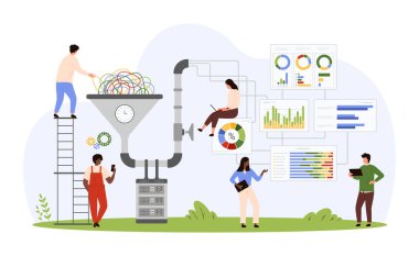 Büyük dijital veri analizi, sınıflandırma ve depolama. Küçük insanlar dosya ve diyagramlar çizim vektör ilüstrasyonunda veri akışını filtrelemek ve araştırmak için bilgi dönüştürme hunisiyle çalışırlar