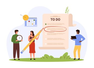 İş süreci organizasyonu için yapılacaklar listesinin yer aldığı belge. Kağıt sayfa vektör illüstrasyonunda kişisel günlük planlama listesinde yer alan küçük insanlar