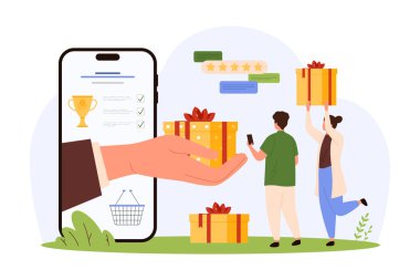 Bağış, sadakat programı reklamcılığı, hediye kartı yarışması ve ücretsiz dağıtım ve indirim kuponu. Cep telefonu ekranından küçük insanlara ödül kutusu vermek çizgi film vektör illüstrasyonu