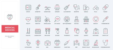 Tıbbi cihazlar ve hastane ekipman hattı simgeleri ayarlandı. Hasta için tekerlekli sandalye ve yatak, ilk yardım çantası ve tanısal laboratuvar yazılımı, mikroskop ince siyah ve kırmızı semboller vektör çizimi