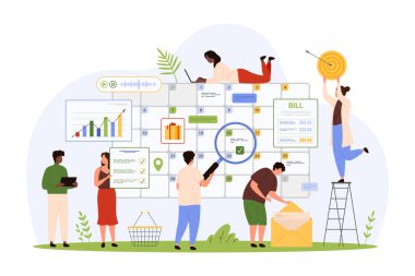 Dijital takvimde görev ve proje planlama. Çalışma zamanı karikatür çizim çizimi planı ve organizasyonu için liste ve e-posta yapmak üzere ellerinde büyüteç ve hedef olan küçük insanlar