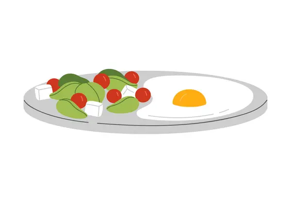 Tabakta sağlıklı kahvaltı yemeği, kızarmış yumurta, beyaz peynir, kiraz domatesleri ve fesleğen salatası illüstrasyonu.