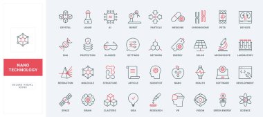 Nanoteknoloji çizgisi simgeleri ayarlandı. Kromozomların ve moleküler yapının laboratuvar araştırması, kimyasal sıvı ve beyin, kimya laboratuarı yeniliği ince siyah ve kırmızı çizgili semboller, vektör çizimi