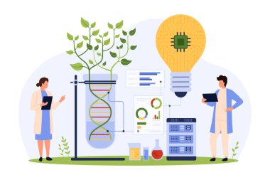 Tarım için genetik araştırmalar ve biyoteknoloji. Laboratuvar deneyinde hücrenin DNA 'sından yeşil bitki yetiştiren küçük insanlar, genetik bilimciler dijital proje ve ampul vektör çizimi üzerinde çalışıyorlar.