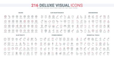 Güç endüstrisi ve enerji üretimi, araba tamiri ve bakım hizmeti simgeleri ayarlandı. Mühendis ve işçilerden oluşan mekanik ve elektrik ekipmanları, ince siyah ve kırmızı vitesli vektör çizimleri