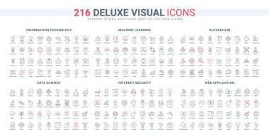 Makine öğrenme ve veri bilimi, bilgi güvenliği, engelleme zinciri ve web algoritması çizgisi simgeleri ayarlandı. İnternet teknolojisi, madencilik ve arama araçları ince siyah ve kırmızı semboller vektör illüstrasyonu