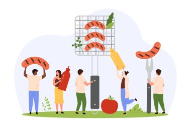 Izgarada et sosisi pişirmek, barbekü yemeği hazırlamak. Elinde çiğ sosis, bir şişe hardal ve ketçap tutan küçük insanlar yaz pikniği çizgi film çizimleri için ızgara ızgara ızgara.