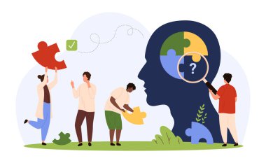 Takım işbirliği ve ortaklık mücadelesi, beyin fırtınası fikri ya da karmaşık çözüm. Küçük insanlar kafalarının içinde yapboz yapıyor, çizgi film vektör çizimlerini sığdırmak için büyüteçle parçaları inceliyorlar.