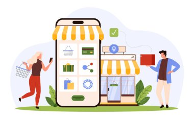 Çevrimiçi mağaza satışları, güneşlikli akıllı telefondan perakende satış uygulaması. Küçük insanlar alışveriş için hediye kutusu ve sepeti tutuyor, çizgi film vektör illüstrasyonu almak için telefon ekranında ürün kategorisini seçin