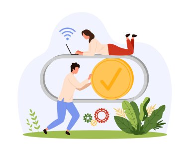 Mobil uygulamanın kapatma düğmesini aç. UI ayarları panelini küçük insanlar kontrol ediyor, modern yazılım programı çizgi film çizimi illüstrasyonunu etkinleştirmek için sarı işaretli kaydıracı hareket ettir