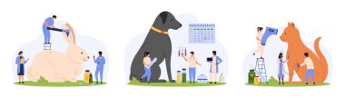 Veteriner muayenesi ayarlandı. Küçük insanlar otoskopla tavşan kulaklarını, hasta kedilerin sıcaklığını dijital termometreyle kontrol eder. Veterinerler köpek çizgi film çizimleri için aşı yapar.