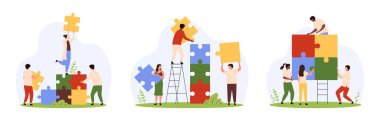 İş müsabakası, ofis kurma, ortaklık. Küçük insanlar yapboz parçalarını birbirine bağlar, ortakların kurumsal birliği ve işbirliği stratejisi metaforu vektör illüstrasyonları