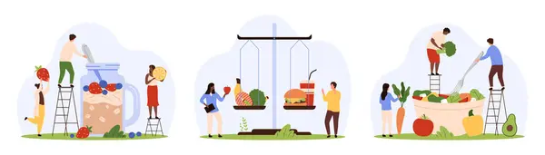 Vücut sağlığı seti için vitamin ve diyet. Küçük insanlar sağlıklı yiyecekleri ve fast food 'u terazide karşılaştırır, kahvaltı çizgi film çizimleri için kase içinde sebze salatası ve meyveli granola pişirirler.