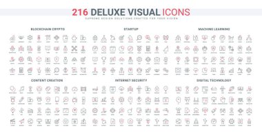 Yapay zeka teknolojisi ve veri koruması, engelleme hattı simgeleri ayarlandı. Bağlantı desteği ve güvenliği, çevrimiçi blog yazma ve vloglama, akıllı ev ve robot ince siyah ve kırmızı ana hat çizim sembolleri vektör çizimi